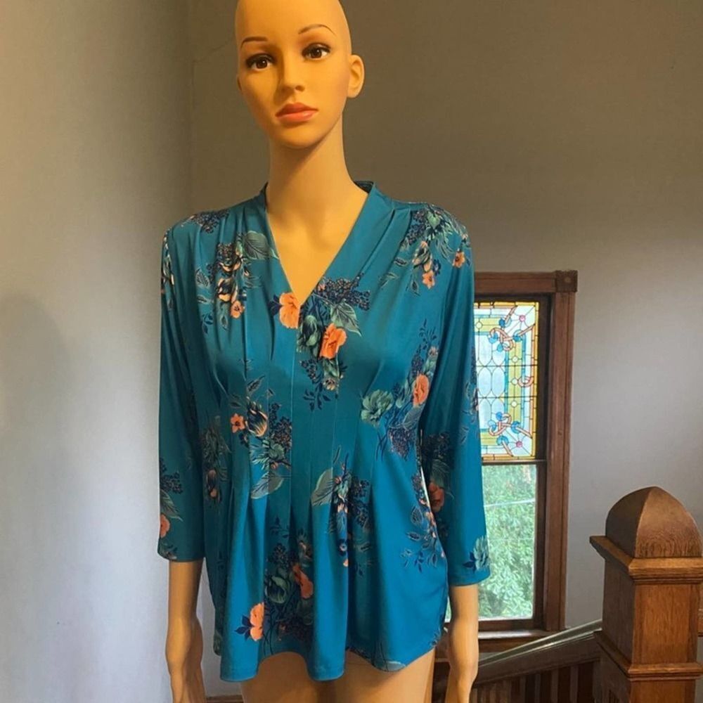 Twee Laurie Felt LA Turquoise Floral Shirt Cinched Waist -- Size Small